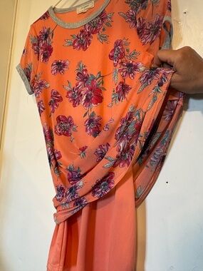 Women's Floral Orange Short Sleeve Dress with Gray Trim